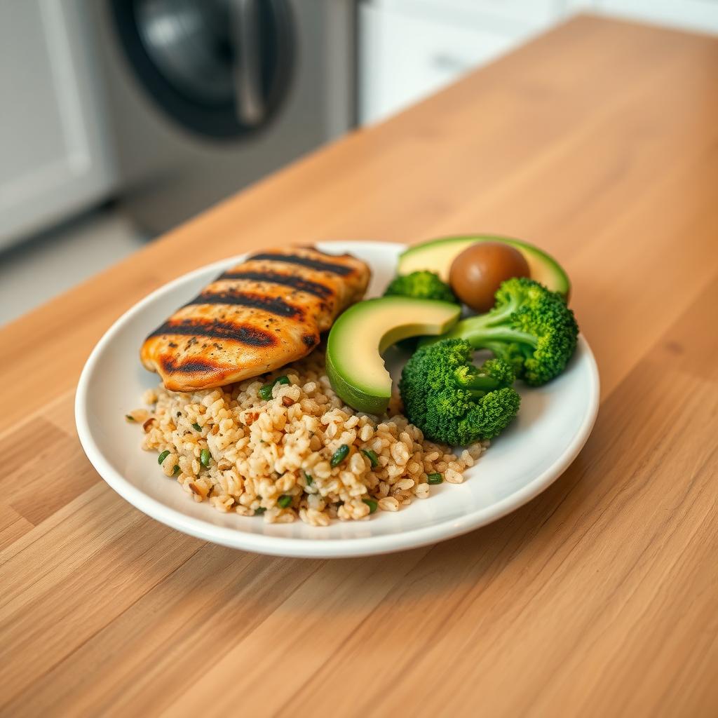 Masă echilibrată pe o farfurie mică, cu pui la grătar, quinoa, broccoli aburit și o felie de avocado.