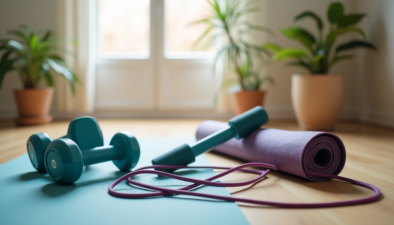 Un set de echipamente de exerciții simple acasă: gantere, saltelă de yoga, coardă săritoare.