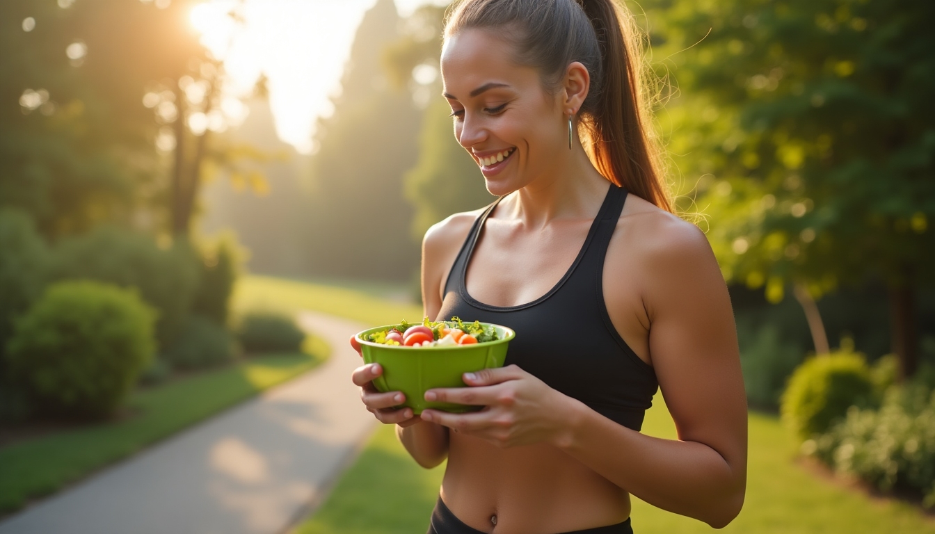 Sportiv mâncând o salată sănătoasă după antrenament