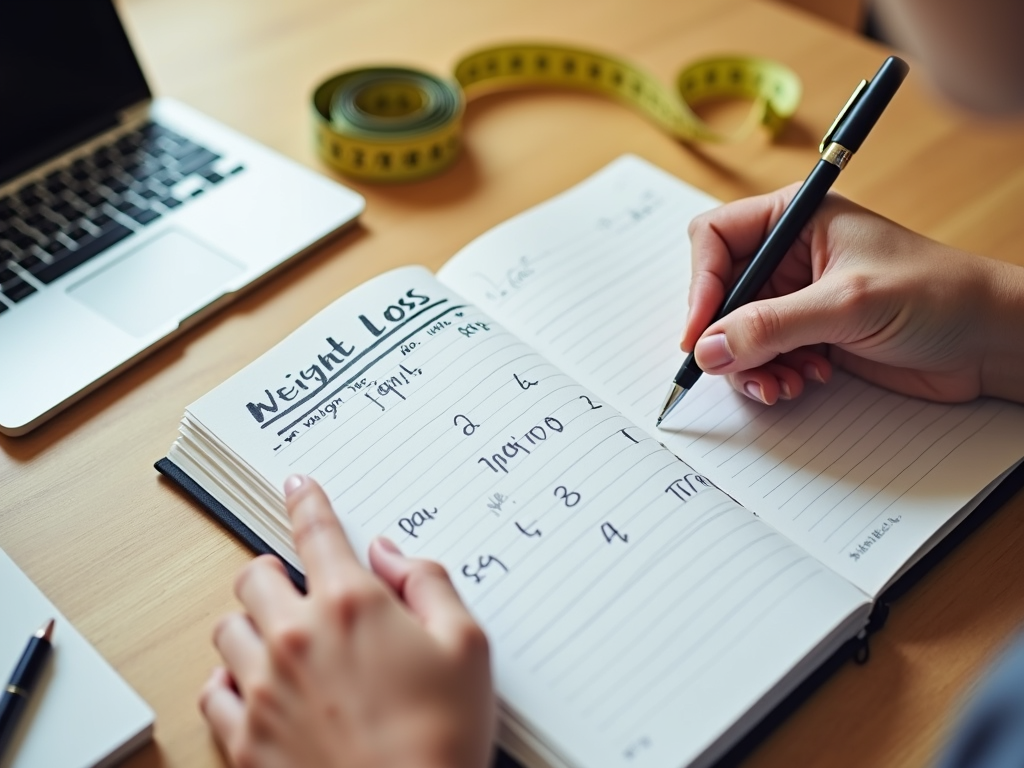 Persoana care isi noteaza obiectivele de slabit intr-un jurnal, cu un calendar si o ruleta pe masa.