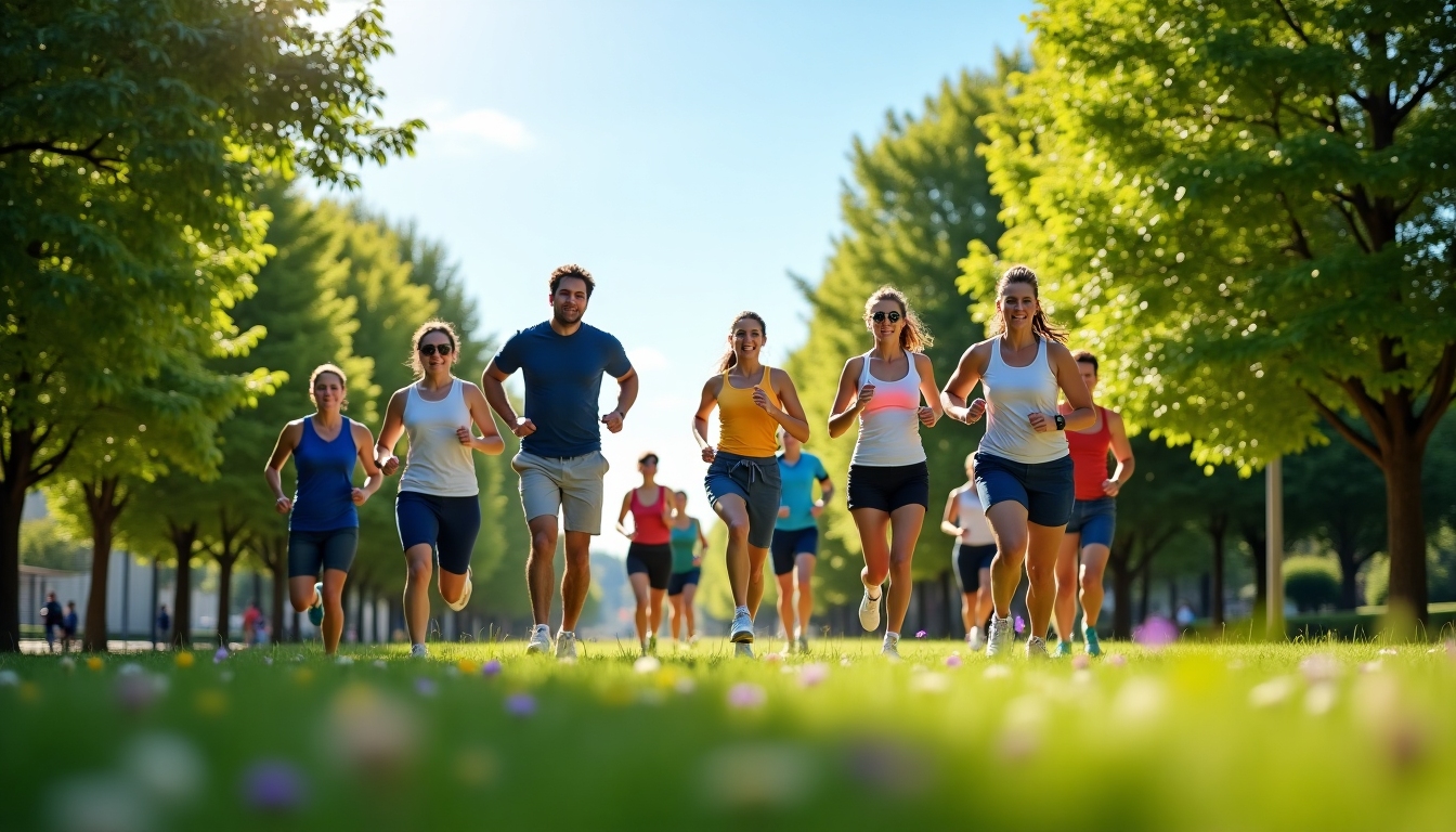 Antrenament cardio într-un parc plin de verdeață.