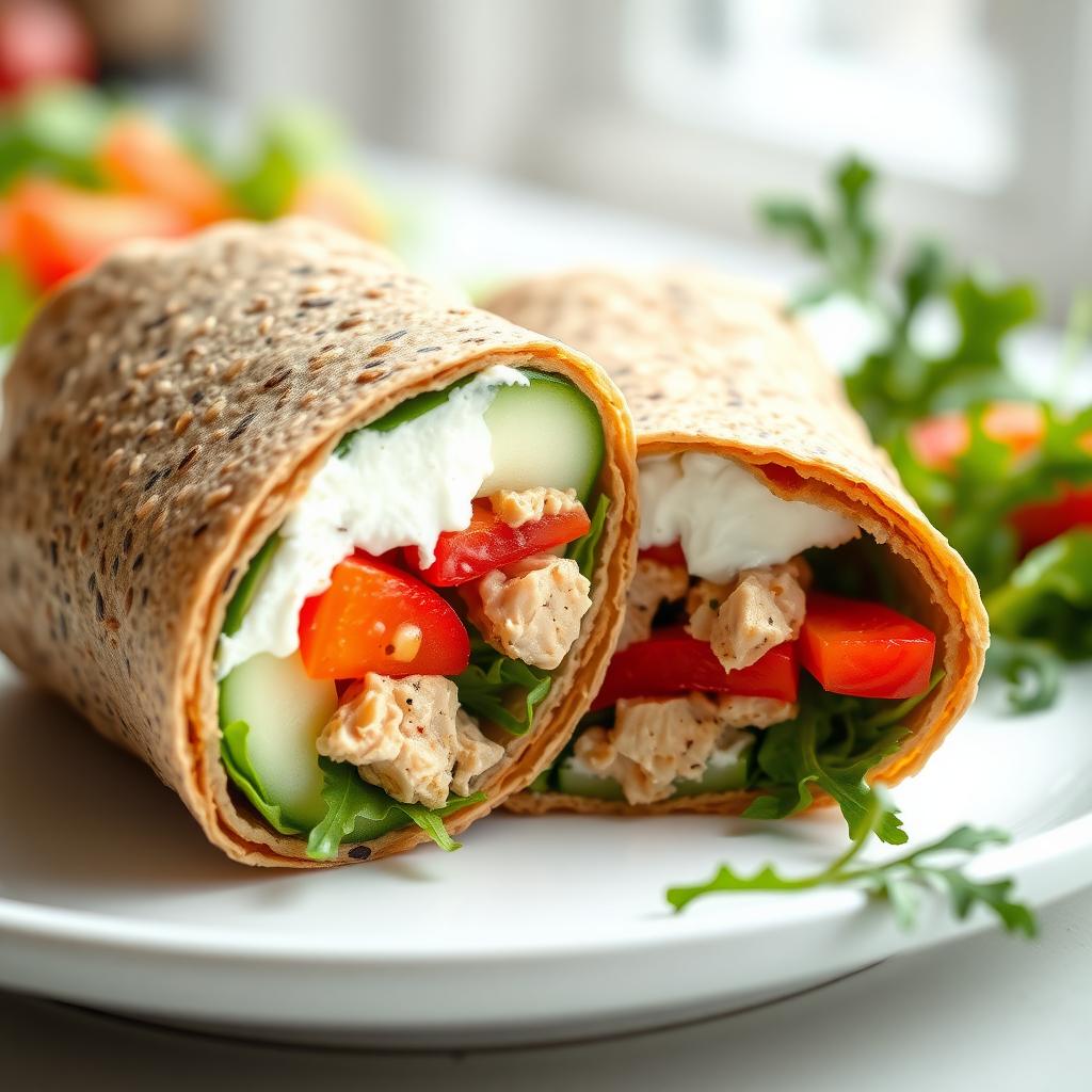 Wrap integral tăiat pe jumătate, umplut cu ton, iaurt grecesc, felii de castravete, ardei gras roșu și rucola, așezat pe o farfurie albă, într-o lumină naturală.
