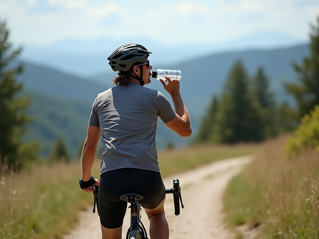 Un biciclist bea dintr-o sticlă de apă în timp ce pedalează pe un traseu montan pitoresc, cu verdeață și cer senin în fundal.