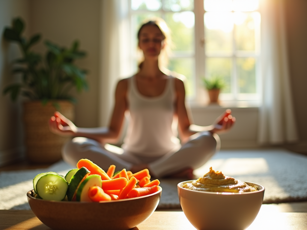 Persoană meditând cu gustări sănătoase în apropiere, ilustrând legătura dintre alimentație, mindfulness și sănătatea mintală