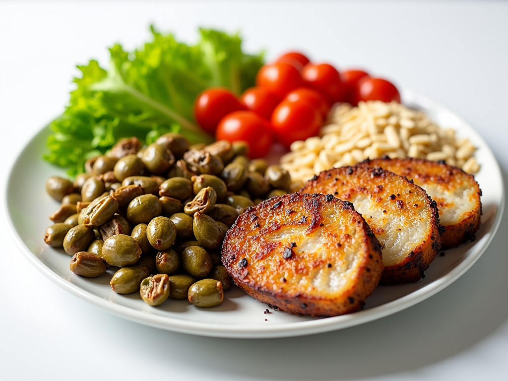 O farfurie colorată cu alimente sănătoase, inclusiv legume, proteine slabe și cereale integrale.