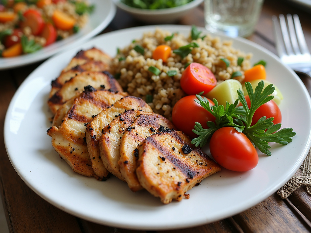 Imagine a unei farfurii sănătoase cu pui la grătar, quinoa, legume fierte și o salată laterală.