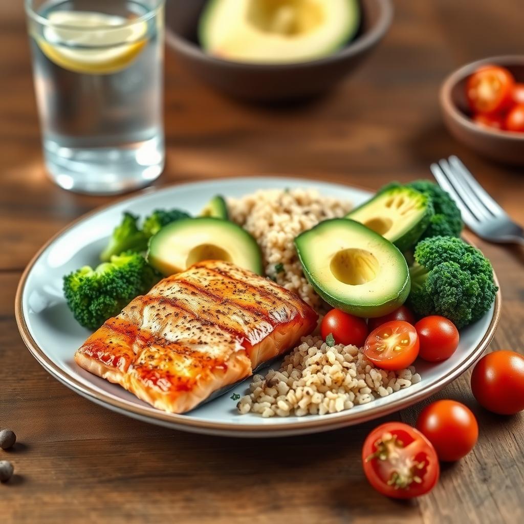 Farfurie colorată cu alimente sănătoase pentru slăbit, incluzând somon la grătar, broccoli, quinoa, avocado și roșii cherry, pe o masă din lemn.