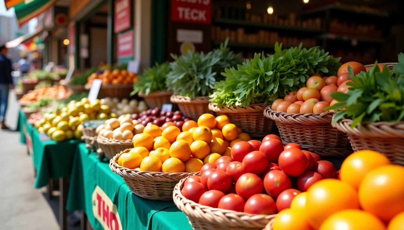 Imagine cu o piață locală vibrantă cu fructe și legume