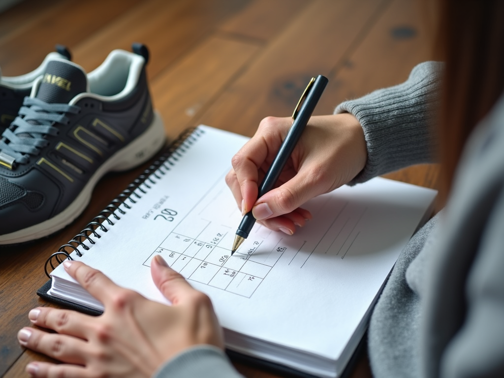 O persoană scriind într-un caiet, cu un calendar și pantofi sport în apropiere, planificându-și antrenamentul.