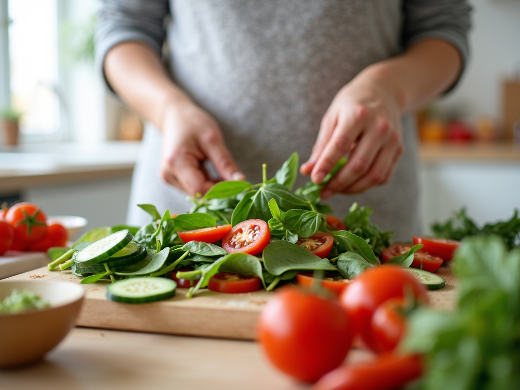 Imagine cu o persoană care pregătește o salată colorată cu legume proaspete precum roșii, castraveți și spanac într-o bucătărie luminoasă, simbolizând obiceiuri alimentare sănătoase.