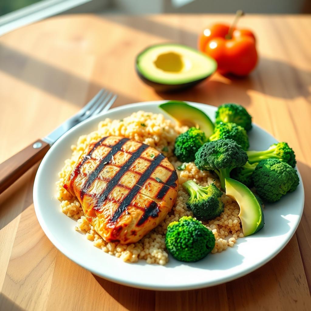 O farfurie colorată cu piept de pui la grătar, broccoli fiert, quinoa și felii de avocado proaspăt, așezată pe o masă de lemn, iluminată natural.
