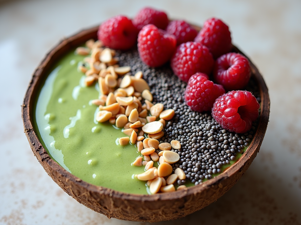 Bol cu smoothie verde și toppinguri sănătoase