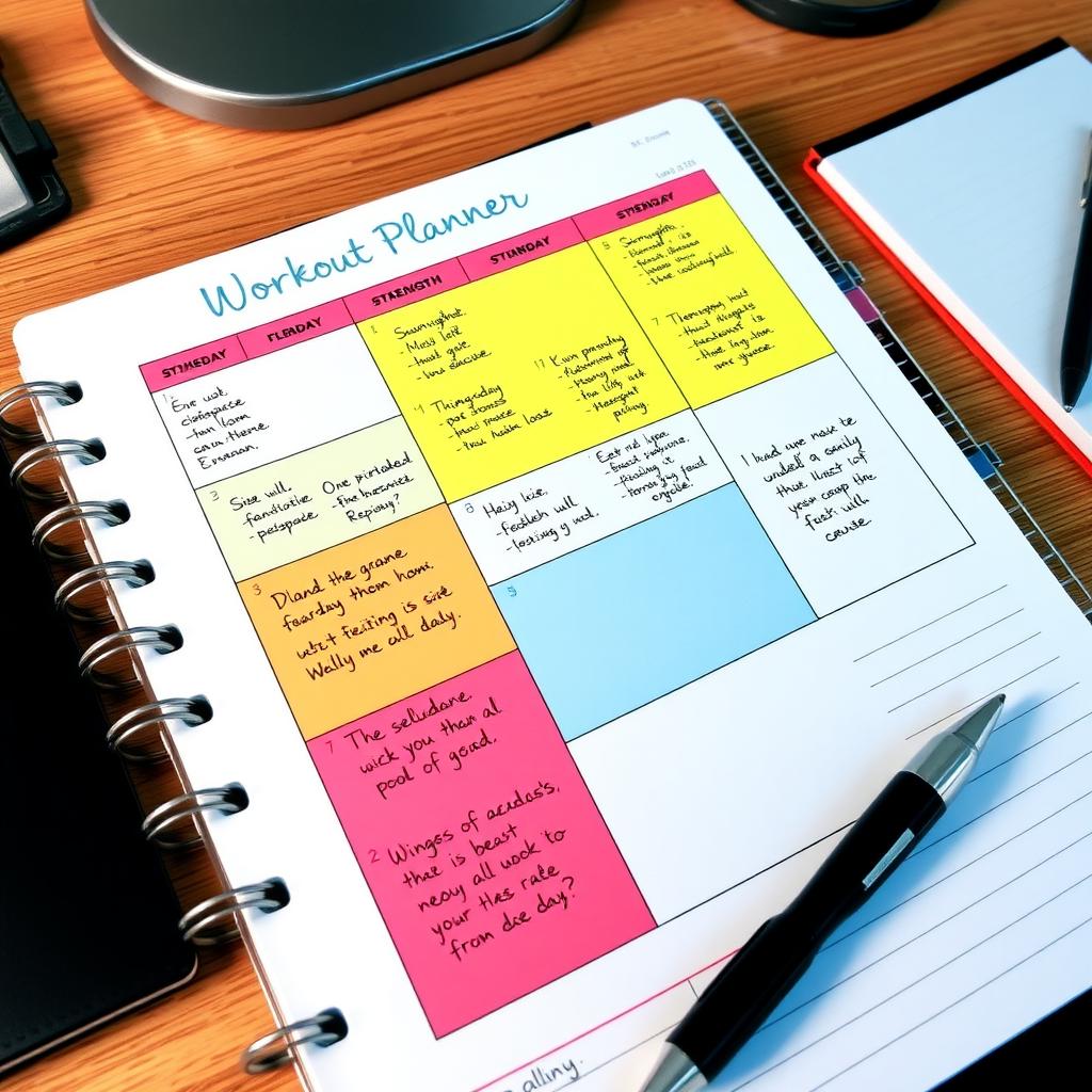 Planificator săptămânal de antrenament pe un birou, cu un calendar colorat și notițe scrise de mână pentru zilele de cardio, forță și odihnă.
