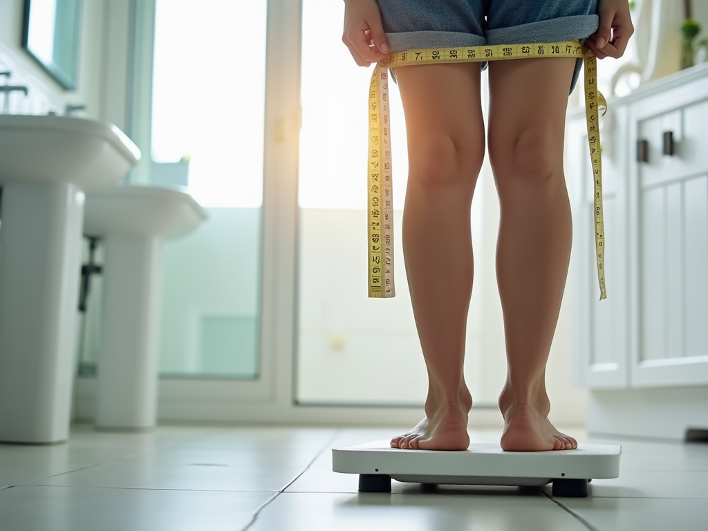 O persoană care se cântărește într-o baie luminoasă, arătând determinată și plină de speranță, cu o bandă de măsurat în jurul taliei.