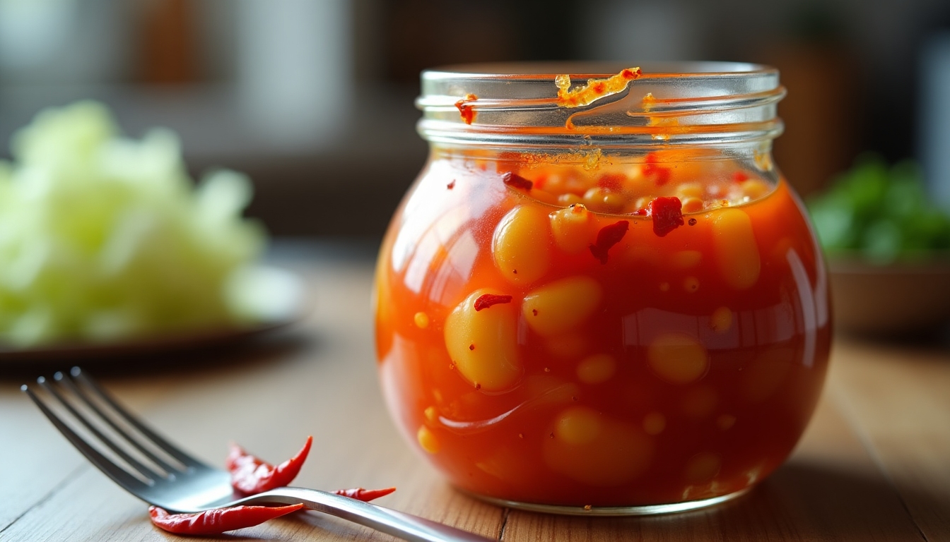 Borcan cu kimchi proaspăt pregătit