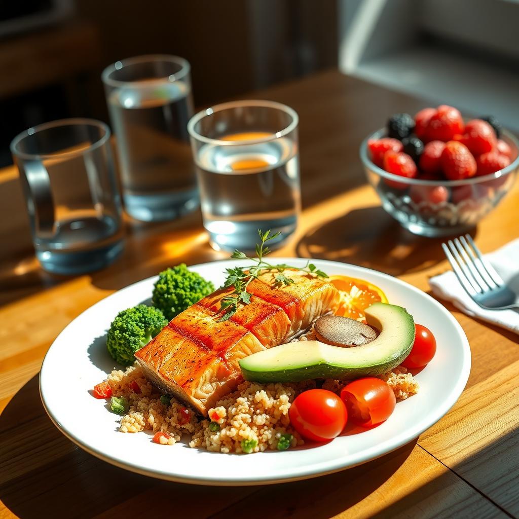 O farfurie colorată cu o masă echilibrată, conținând somon la grătar, quinoa, broccoli fiert, roșii cherry și felii de avocado, garnisită cu ierburi proaspete, pe o masă din lemn.