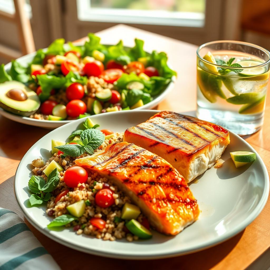 Farfurie cu mâncare sănătoasă, inclusiv somon la grătar, salată de quinoa și un pahar cu apă infuzată cu lămâie și mentă, pe o masă din lemn.