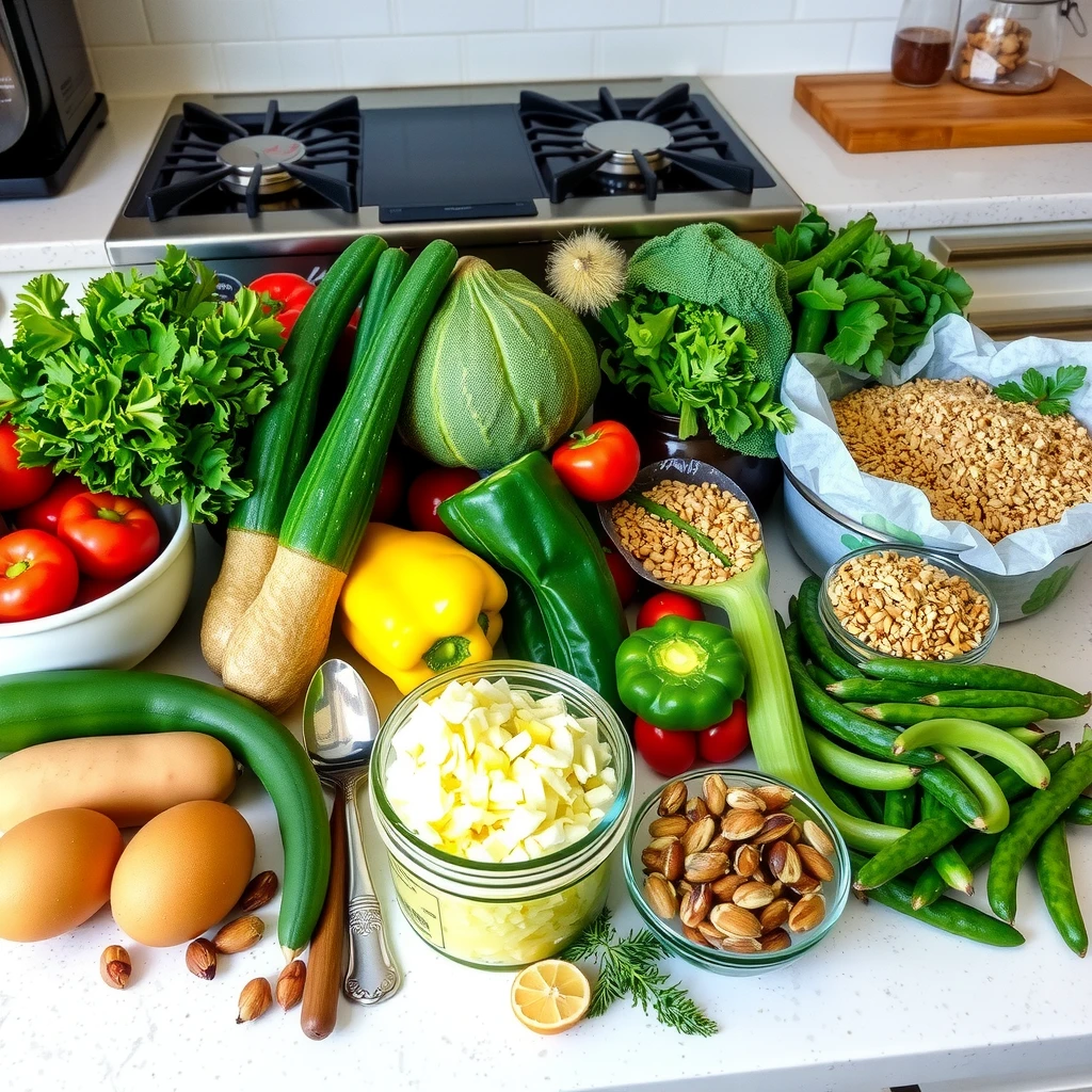 O varietate de ingrediente proaspete și sănătoase așezate pe blatul din bucătărie: fructe, legume, leguminoase, nuci, proteine slabe, cereale integrale, gata pentru prepararea meselor
