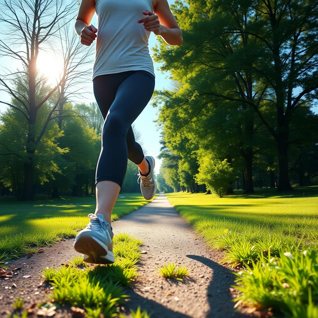 Imagine cu o persoană care aleargă într-un parc verde dimineața devreme, purtând haine sportive confortabile și adidași, cu lumina soarelui filtrându-se prin copaci.