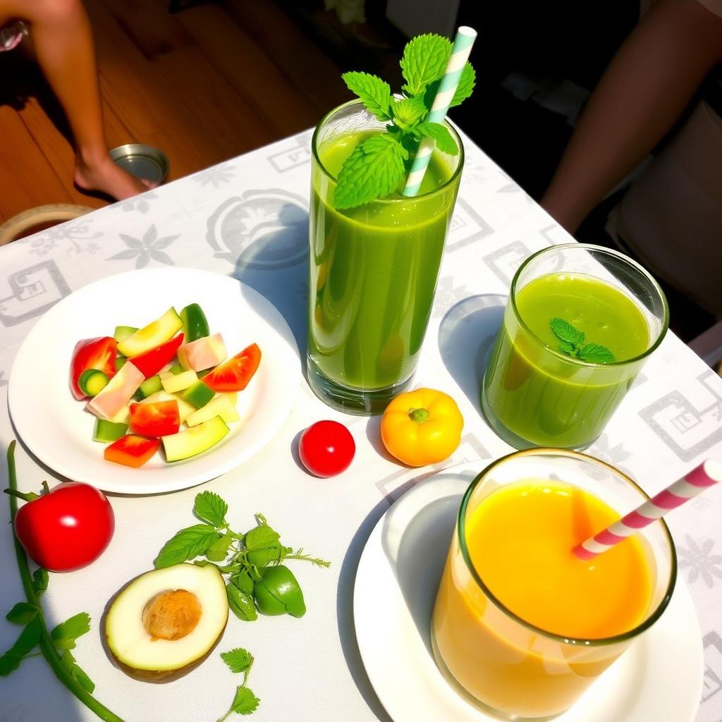 Masă cu salată, supă şi smoothie, aranjată simplu.