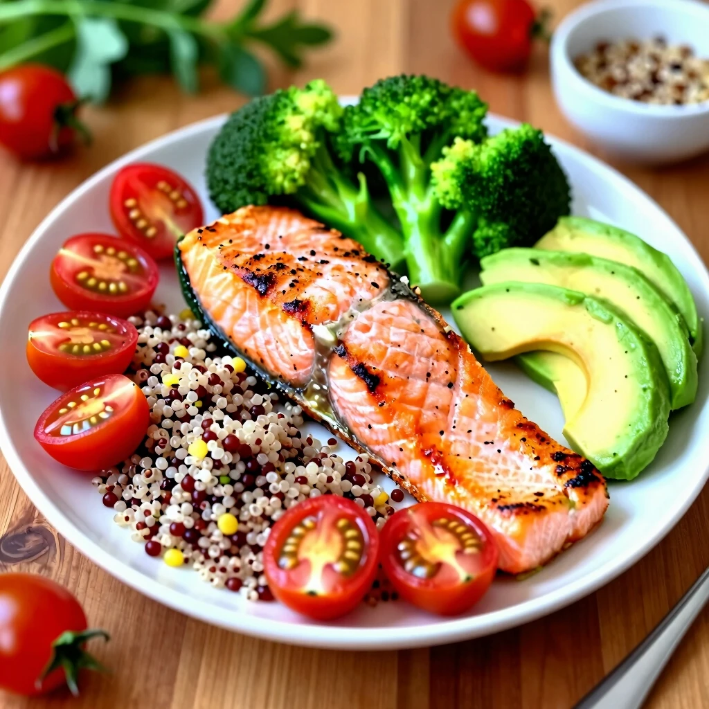 Farfurie colorată cu o masă sănătoasă: somon la grătar, quinoa, broccoli aburit, roșii cherry, felii de avocado și ierburi proaspete