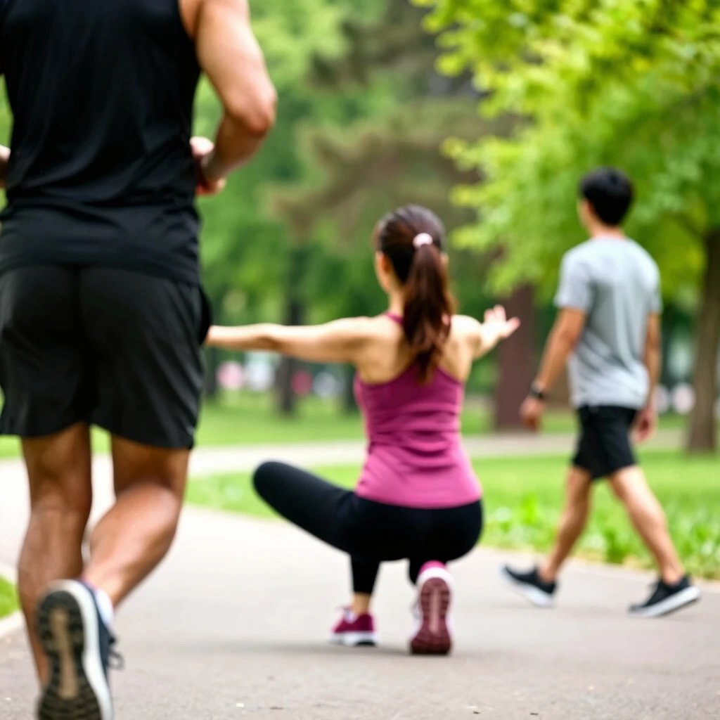 Oameni făcând exerciții simple în parc