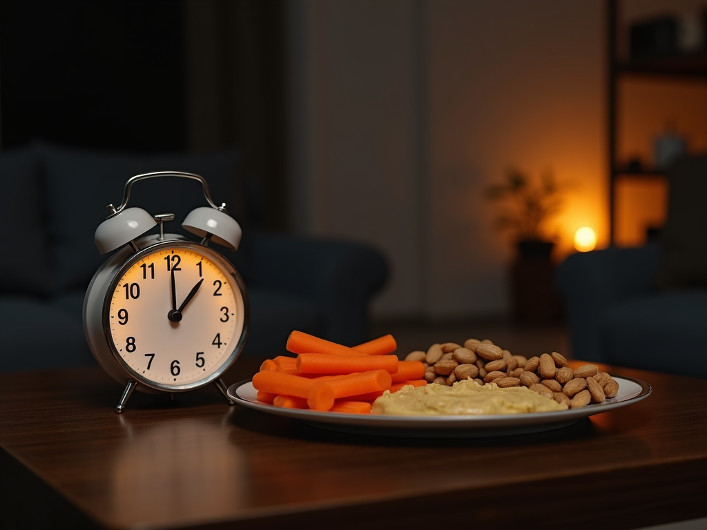 Ceas care arată 8 PM cu gustări sănătoase pe masă