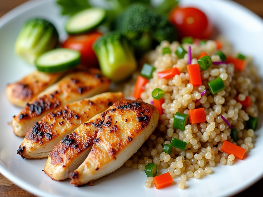 Farfurie colorată cu pui la grătar, legume fierte și quinoa