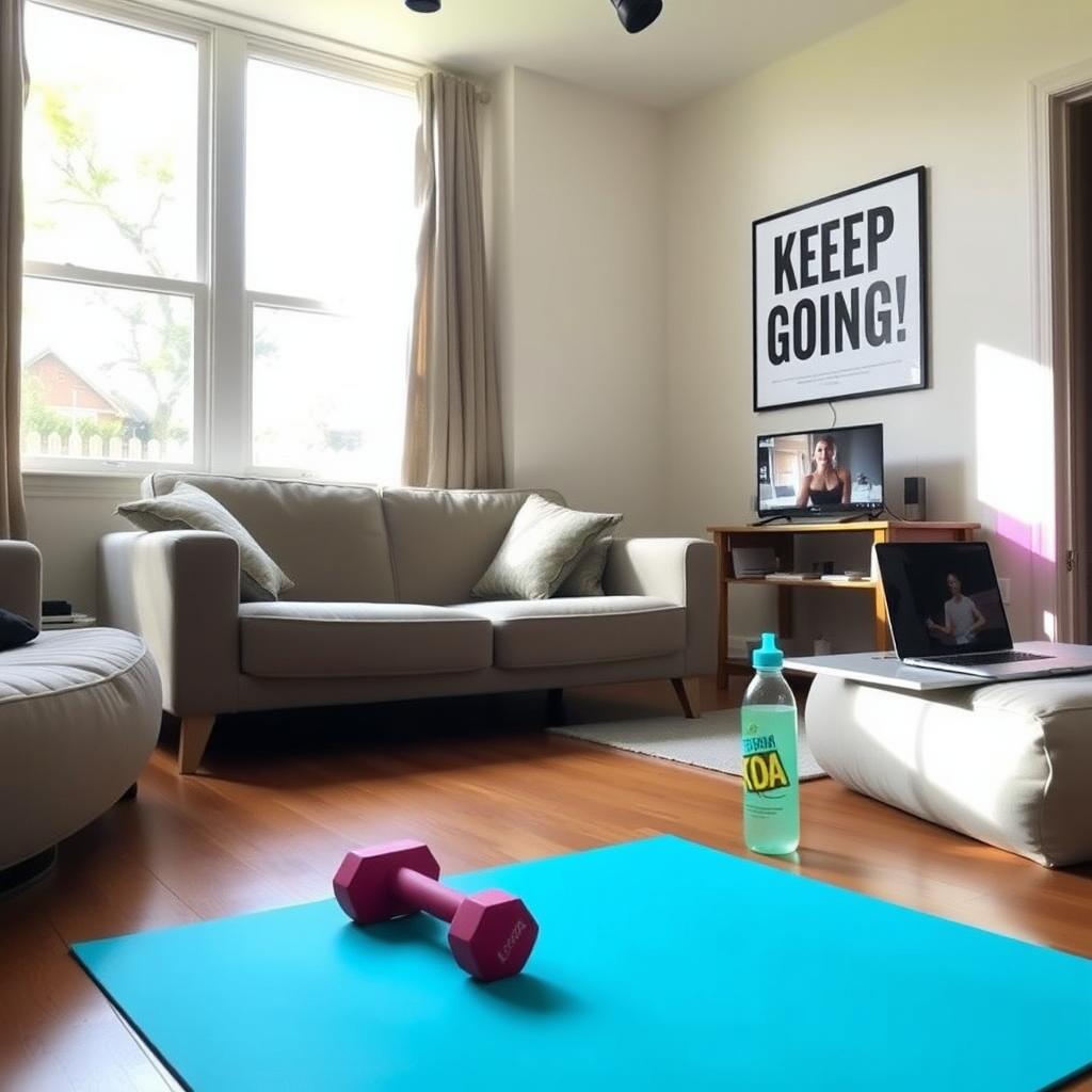 Cameră de zi confortabilă amenajată pentru exerciții fizice, cu o saltea de yoga, gantere, o sticlă de apă și un laptop care afișează un videoclip de antrenament.