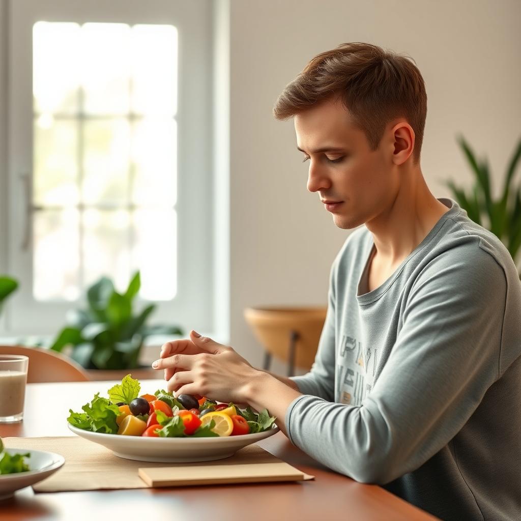 Persoană care practică mâncatul conștient, savurând o salată colorată la o masă într-o zonă luminoasă, cu plante în fundal.