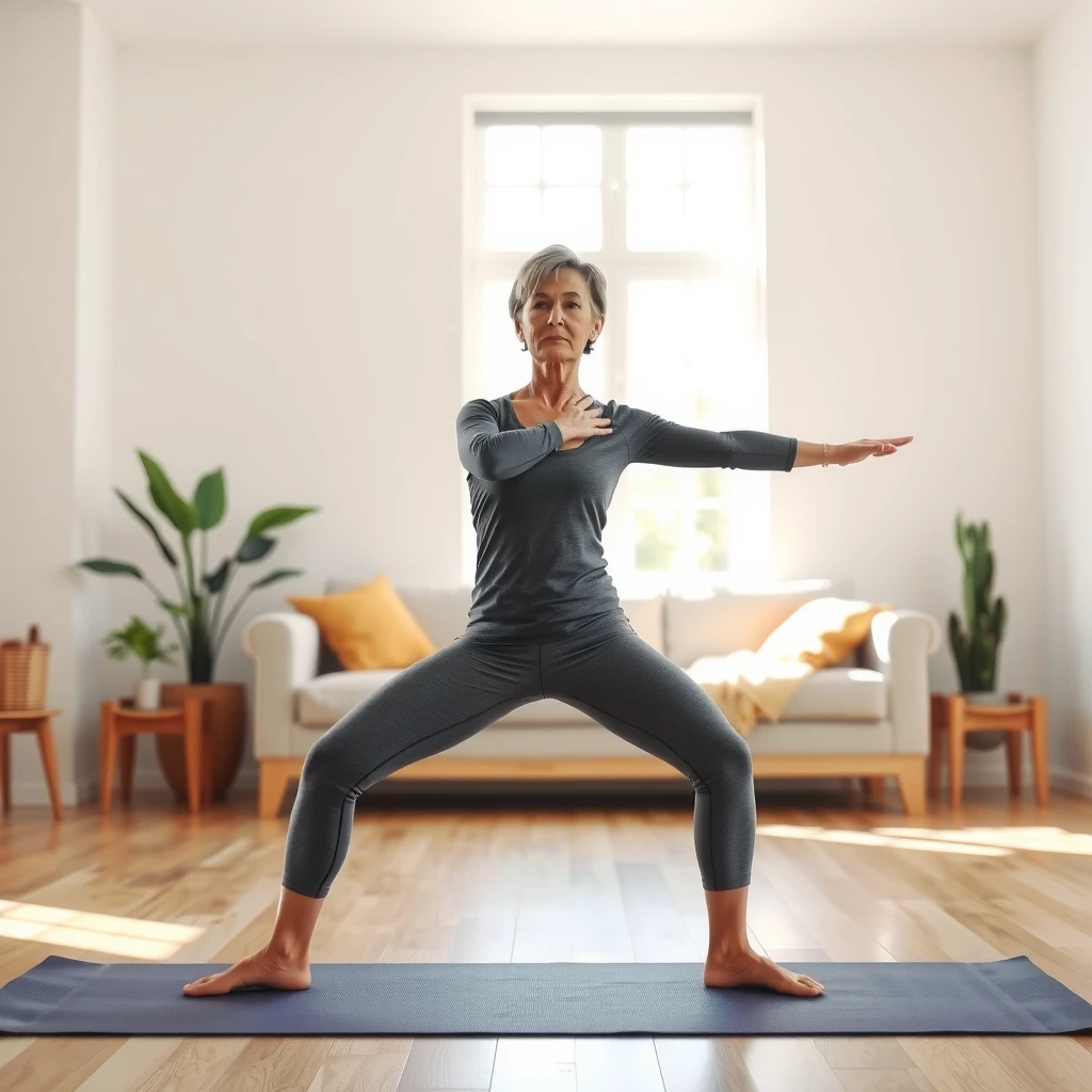 Femeie practicând poziția războinicului II în yoga acasă, într-o cameră luminoasă
