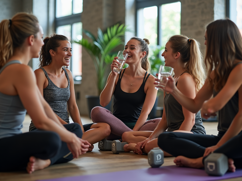 Un grup de prieteni într-o clasă de fitness, râzând și bând apă împreună în timpul unei pauze, cu saltele de yoga și greutăți în jur.