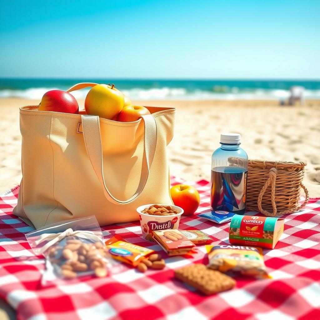 Un picnic colorat pe o plajă însorită, cu o geantă plină de gustări sănătoase, precum mere, nuci și batoane de granola, așezate pe o pătură în carouri.