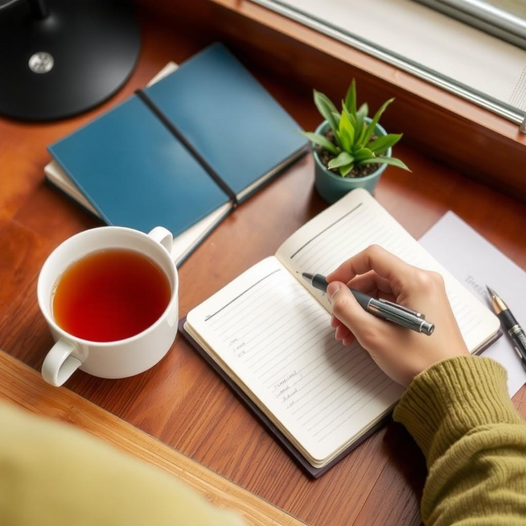 O persoană care scrie într-un jurnal pe un birou de lemn, înconjurată de o ceașcă de ceai de plante, o plantă mică în ghiveci și un caiet cu un stilou, într-un cadru calm și organizat.
