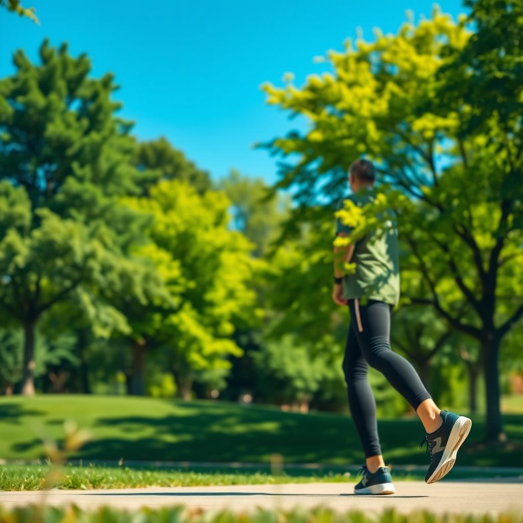 Persoană care merge într-un parc verde într-o zi însorită, purtând haine sport și adidași.