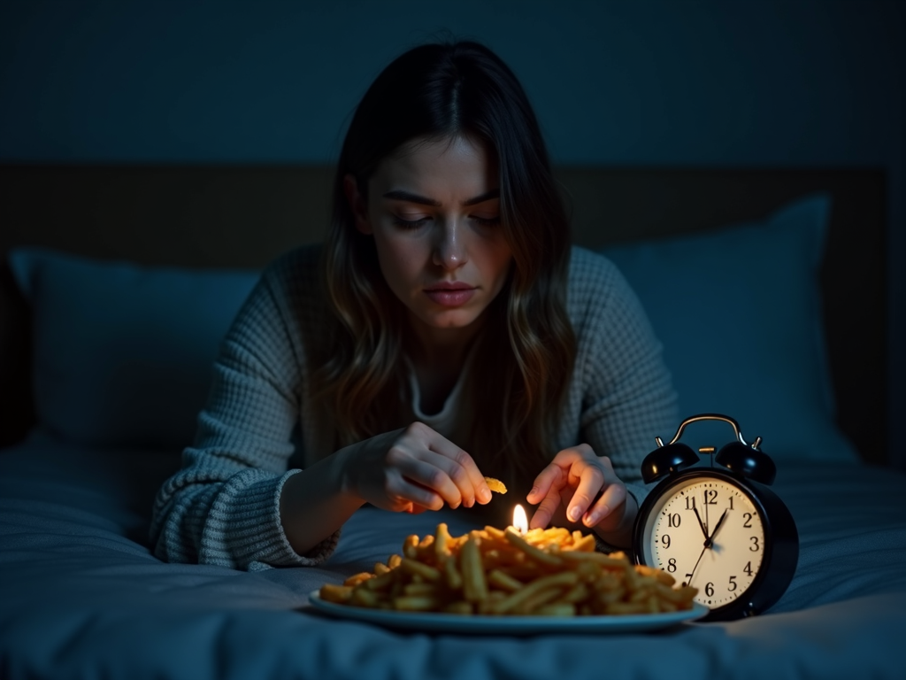 O persoană obosită care întinde mâna spre gustări nesănătoase noaptea târziu