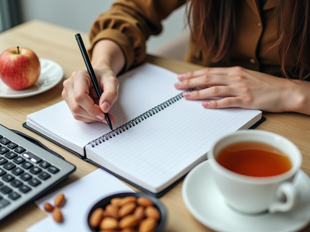Persoană care notează într-un caiet cu un calculator, o ceașcă de ceai și gustări sănătoase precum felii de măr și migdale în jur.