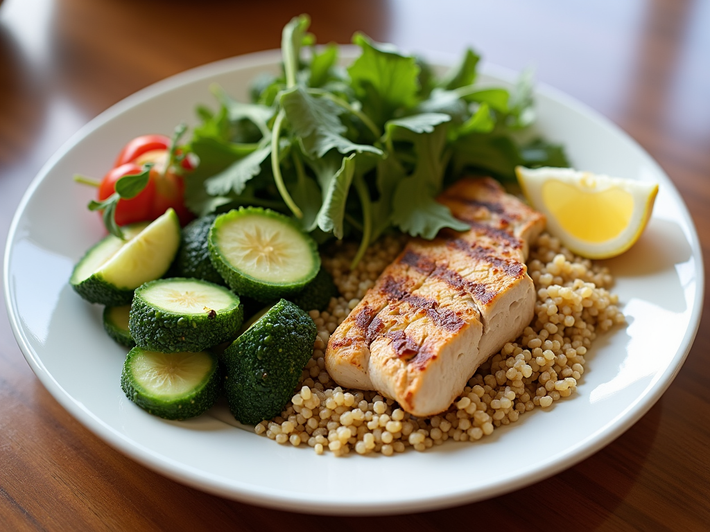 O farfurie plină cu legume verzi proaspete, pui la grătar și o porție de quinoa, aranjată frumos pe o masă din lemn, iluminată natural.