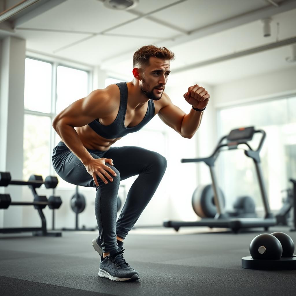Persoană care efectuează un exercițiu de tip burpee într-o sală de fitness modernă, luminată natural.