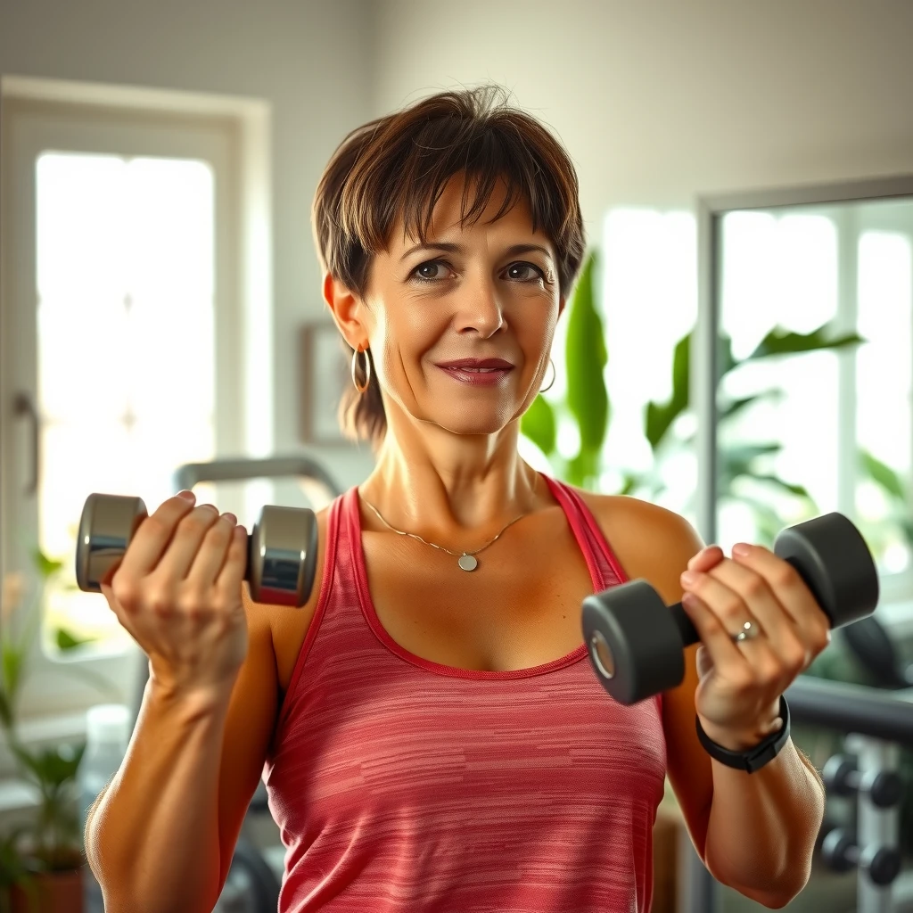 Femeie motivată făcând exerciții cu gantere acasă