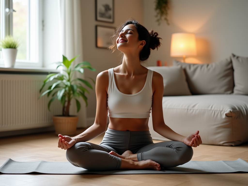 Persoană în postura Ușoară (Sukhasana) într-un colț liniștit al casei