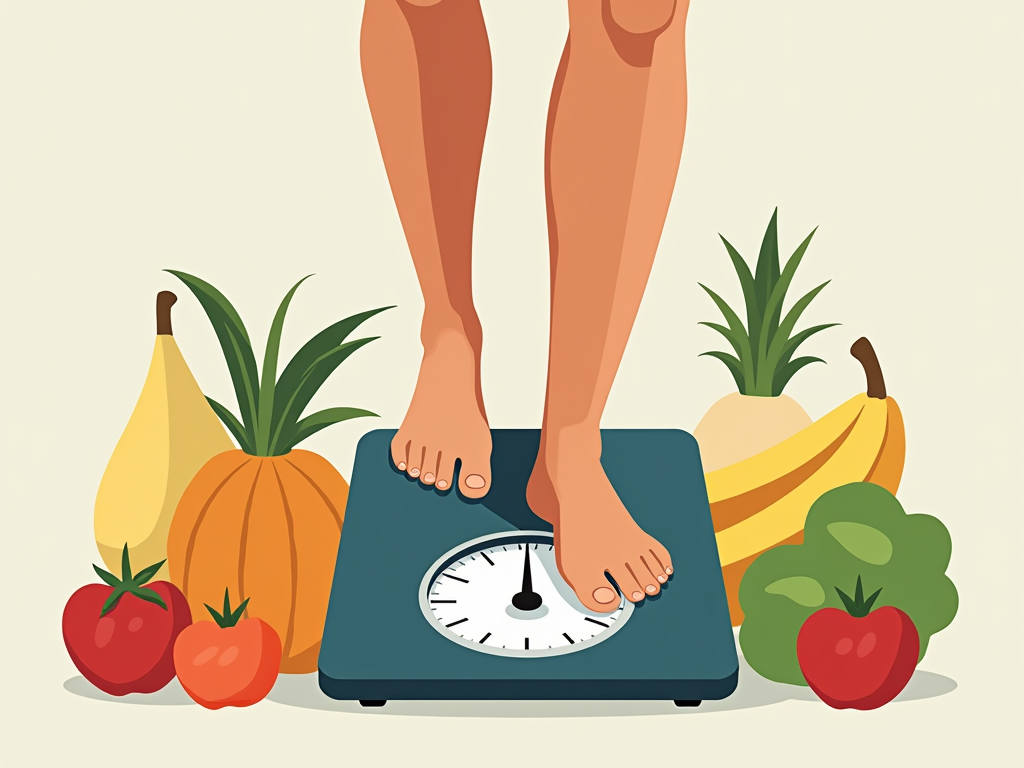 O persoană care se cântărește zâmbind, înconjurată de alimente sănătoase precum fructe și legume, simbolizând menținerea greutății cu succes.
