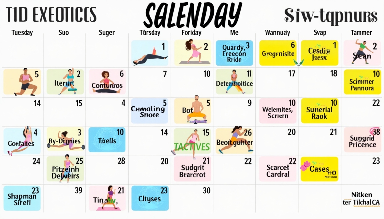 Calendar colorat cu programul de exerciții notat.