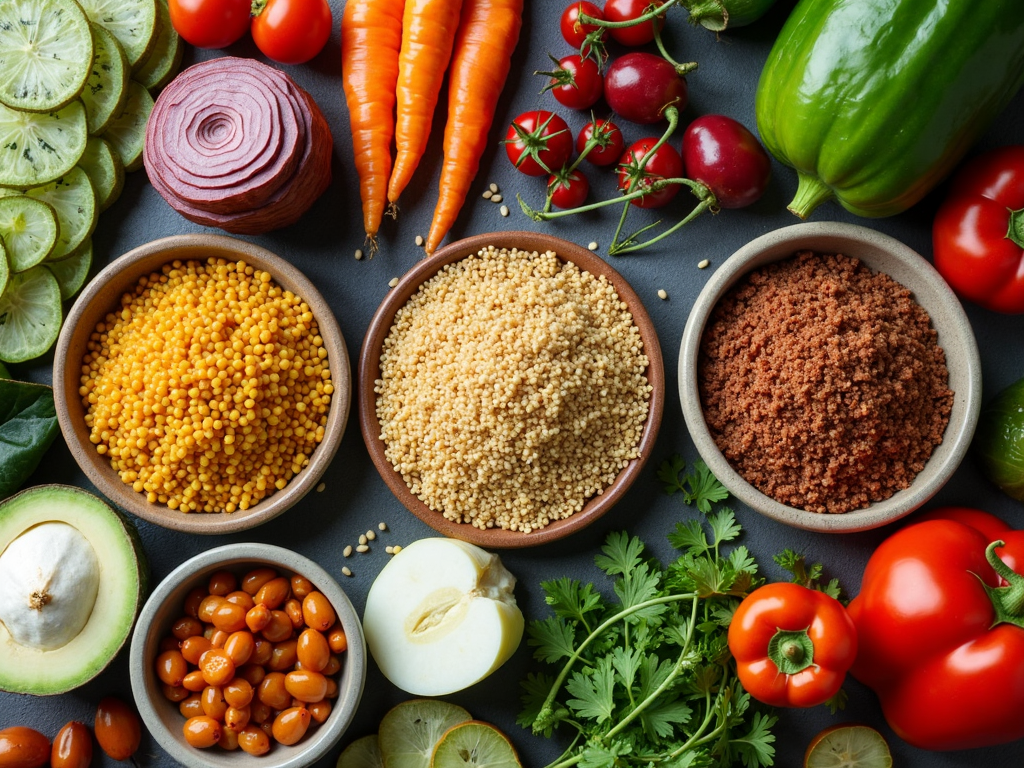 O varietate de alimente bazate pe plante, cum ar fi linte, quinoa și legume, aranjate frumos pe o masă.