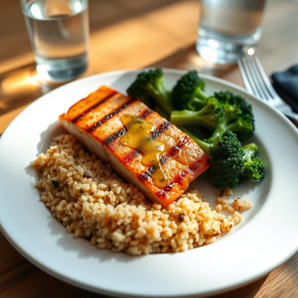 O farfurie cu o masă sănătoasă, formată din somon la grătar, broccoli fiert, quinoa și un strop de ulei de măsline, așezată pe o masă din lemn.