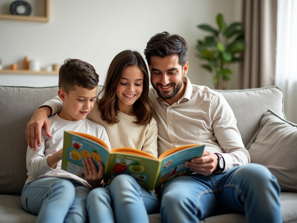 Familie citind despre nutriție și alimentație sănătoasă