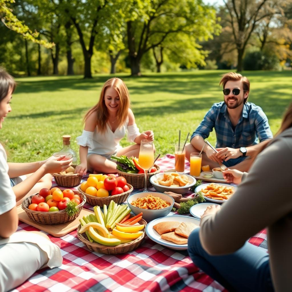 Grup de prieteni care se bucură de un picnic sănătos în aer liber, cu fructe, legume și preparate cu proteine slabe pe o pătură în carouri într-un parc însorit.