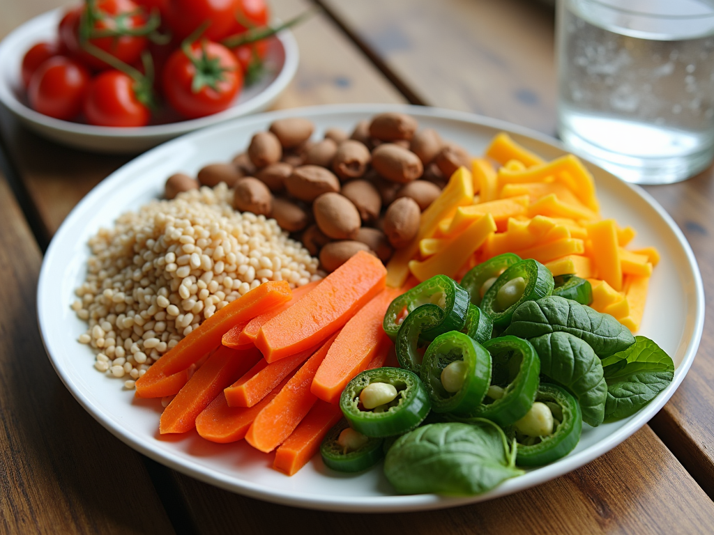 Farfurie cu legume colorate, proteină slabă și cereale integrale