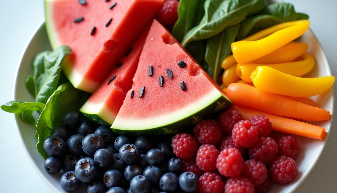 O farfurie plină de fructe și legume colorate, care relevă diversitatea unei alimentații sănătoase.