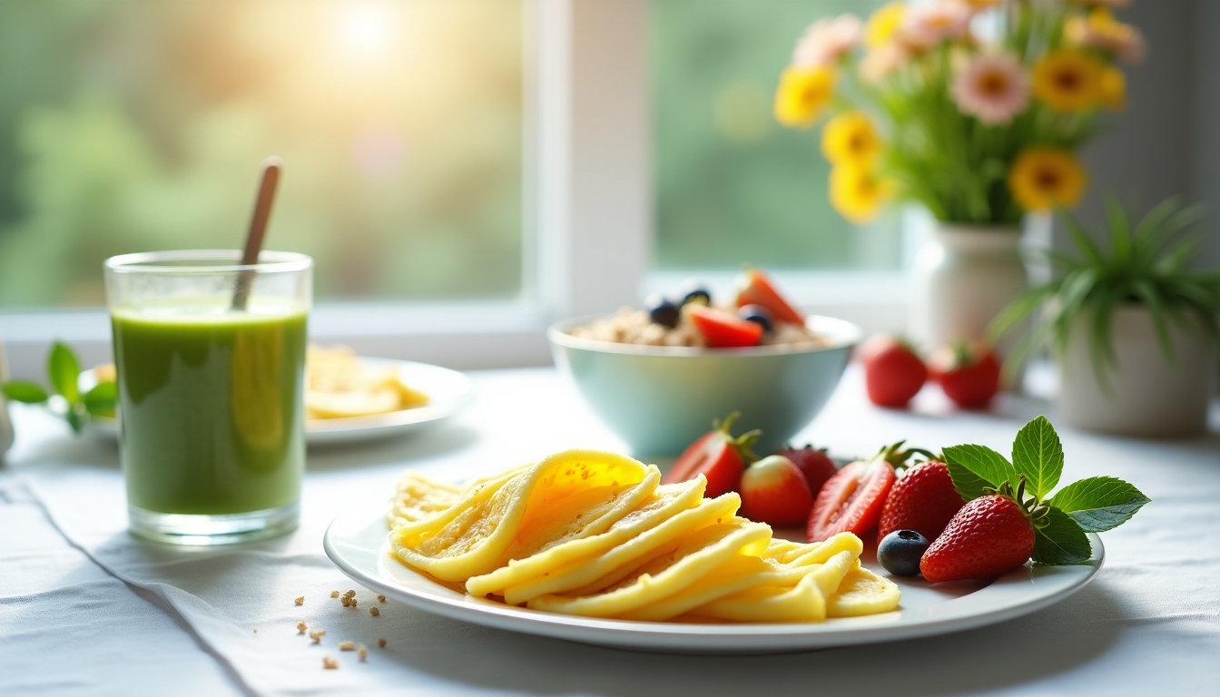 Mic dejun sănătos cu ouă, fulgi de ovăz și smoothie verde.